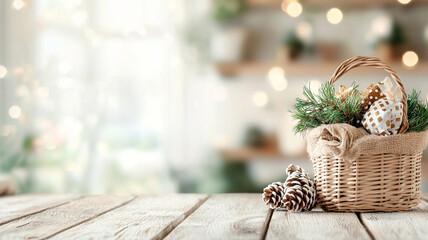 Rustic Wicker Basket with Decorative Eggs and Evergreen Sprigs on Wooden Table