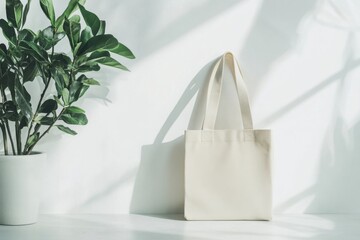 Minimalist Style Tote Bag with Green Plant and Soft Lighting