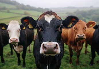 Close-Up Portrait of Curious Cows Standing in a Green Pasture with Rolling Hills in the Background on a Misty Day in the Countryside