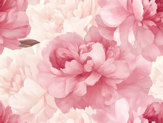 A Seamless Pattern of Pink and Peach Peonies with Many Layered Petals on a Magenta/Deep Pink Background
