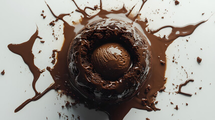 A molten chocolate cake with a gooey center, served with a scoop of vanilla ice cream and a drizzle of rich chocolate ganache for extra indulgence.