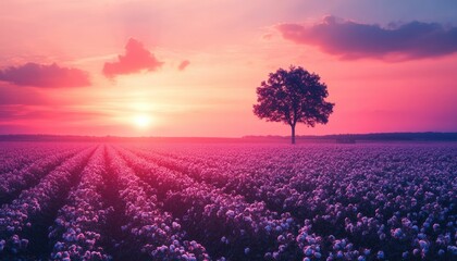 Cotton Field at Dusk with Vibrant Sunset and Lone Tree in a Peaceful Landscape