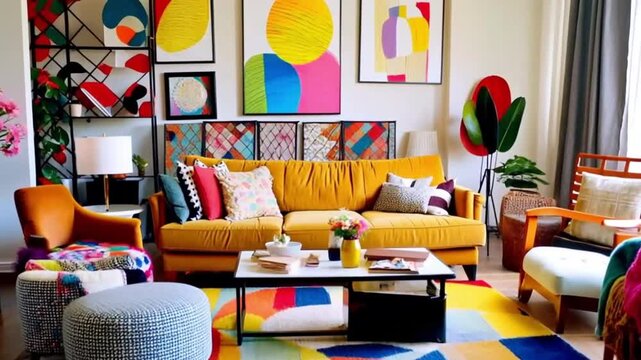 Vibrant, maximalist living room interior with mustard yellow sofa and colorful modern abstract art creates a welcoming advertising backdrop.