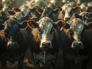 Close-Up View of a Herd of Cows in Golden Light, Capturing the Beauty of Farm Life and Cattle Farming in a Rural Landscape Setting During Sunrise or Sunset
