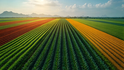 Aerial view of colorful farmland at sunset, showcasing diverse crops and mountain background; ideal for agricultural or environmental publications