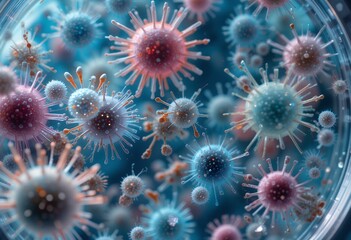 Microscopic View of a Cluster of Viruses with Prominent Spikes and Varying Colors