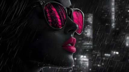 Rain-Kissed Woman: Pink Sunglasses, Monochromatic Cityscape