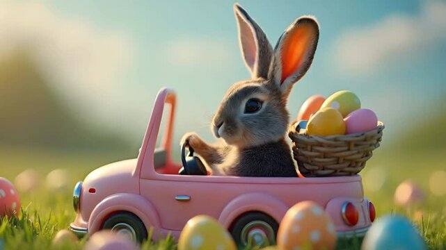 Adorable Bunny Driving with Easter Eggs in a Basket

