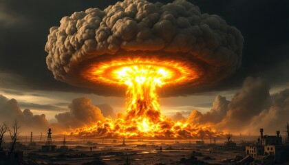 Nuclear Explosion Fiery Mushroom Cloud Devastation Dark Sky Landscape