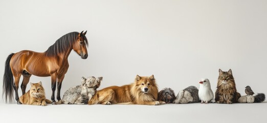 Collection of Domestic Animals Including Horse, Dogs, Cats, Rabbit, and Bird Posed Together on Neutral Background for Pet Lovers and Animal Enthusiasts