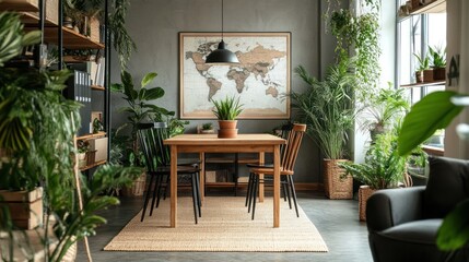 Fototapeta premium Serene Home Office with Lush Greenery and Wooden Table