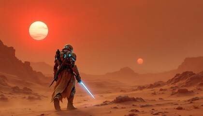 Lone Martian Warrior Sunset Desert Sci Fi Artwork