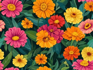 Seamless zinnias and marigolds in a colorful garden theme Pattern
