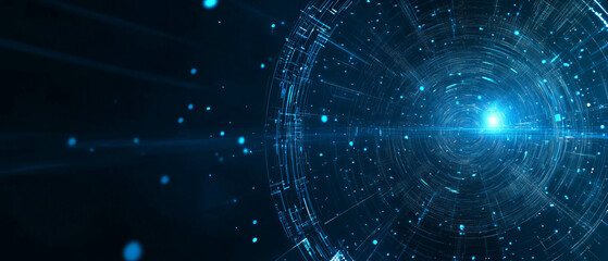 Space station orbiting Earth with abstract technology backdrop