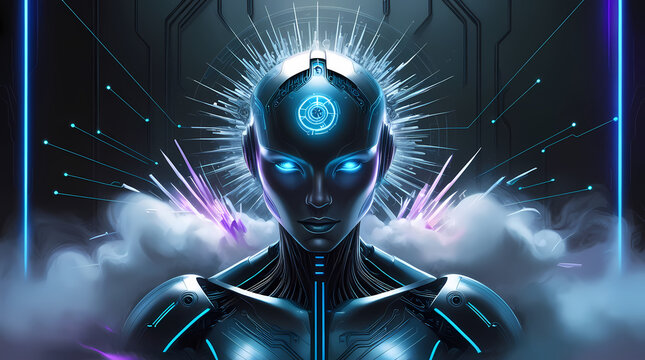 A futuristic, high-tech illustration of artificial intelligence, set against a dark, metallic background with neon blue circuitry lines and glowing purple accents, featuring a majestic.