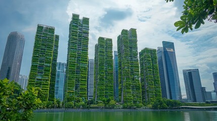 Fototapeta premium A green city skyline with buildings covered in vertical gardens, symbolizing urban sustainability.