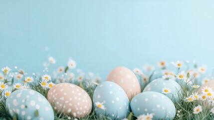 Colorful easter eggs resting on green grass with daisies and a blue background in a spring setting