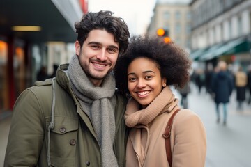 Fototapeta premium Young multi ethnic couple smiling and enjoying a winter day out in the city