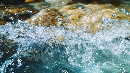Naklejka premium Crystal Clear River Water Cascading Over Rocks: A Nature's Masterpiece