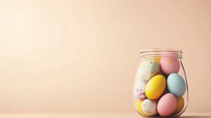 Colorful Easter eggs arranged in a glass jar on a pastel background for festive decoration and celebration