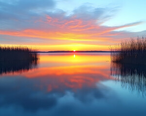 Calm lake sunrise reflection, peaceful nature scene, perfect for travel brochures or meditation apps