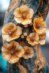 Carved shell flowers on wood art piece, close-up detail, blurred background, home decor