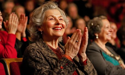 Elderly woman clapping joyfully in a theater audience