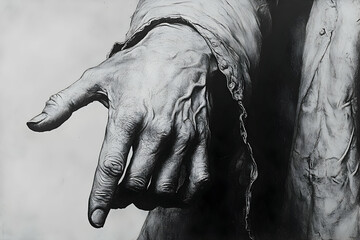 Close-up grayscale hand drawing; pointing gesture; art; studio background; illustrative art