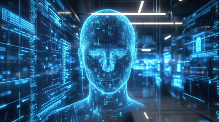 An advanced AI security control room with holographic screens displaying real-time data analytics, facial recognition, and surveillance footage, emphasizing innovation in AI protection