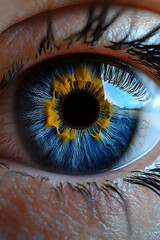 Close-up of a blue eye, reflecting a sky, used for medical or artistic purposes