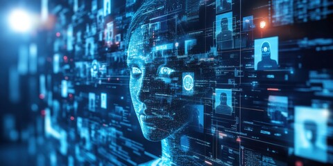 An advanced AI security control room with holographic screens displaying real-time data analytics, facial recognition, and surveillance footage, emphasizing innovation in AI protection