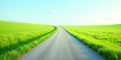 Fototapeta premium Asphalt road curving through vibrant green fields under a clear sky, symbolizing journey and open possibilities