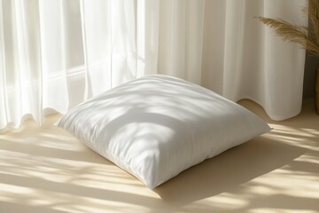 Soft White Pillow on Wooden Floor with Light and Shadow Play