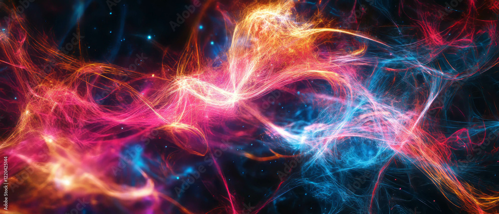 Poster dynamic light trails create an abstract energy field with vibrant colors and intricate wire patterns