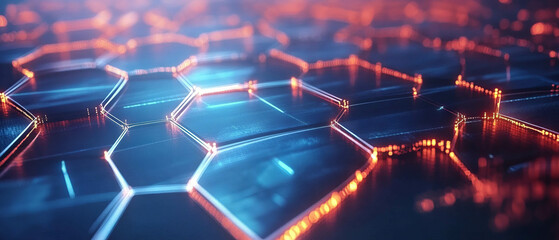 Fototapeta premium Hexagonal blockchain grid design with central space and geometric elements for digital context
