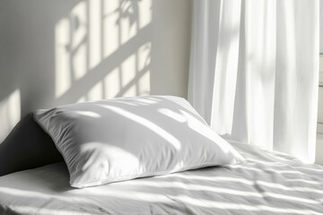 Bright Bedroom with Shadows on White Pillow and Bed Linen