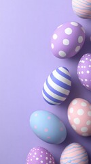 Colorful easter eggs arranged on a purple background ready for celebration and decoration during spring festivities