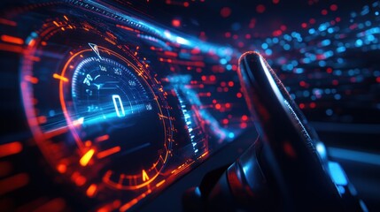 Closeup of car speedometer object with dark background arrow digital data display, symbolizing high performance and normal running engine