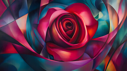 A passionate red rose with a radiant pink glow, surrounded by abstract soft curves and vibrant colors, representing love and vitality.
