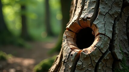 Sunlit Tree Trunk Detail A Close-Up Revealing the Intricate Texture and Natural Hole in Weathered Bark