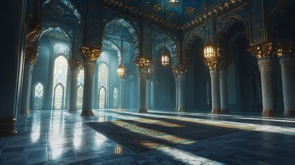 Obraz premium Intricate Interior of an Islamic Mosque Featuring Traditional Arabic Ornamentation for Cultural and Religious Projects