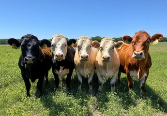 Five Cows Standing Together in a Green Meadow Under a Clear Blue Sky, Showcasing Their Unique Colors and Tags for Agricultural and Farm Photography Purposes