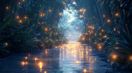Firefly Lit River Path Through Lush Bamboo Forest