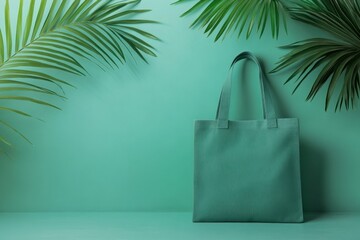 Stylish Green Tote Bag Surrounded by Tropical Palm Leaves