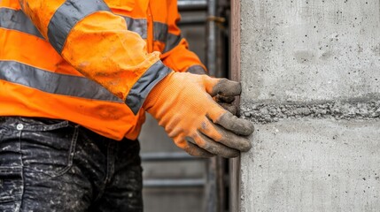 Fototapeta premium Diligent Worker Prepares Safety Equipment for Construction Site Tasks in Bright Orange Gear