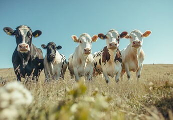 Five Playful Cows Standing Together in a Lush Green Field Under a Clear Blue Sky, Capturing the Essence of Rural Life and Nature&rsquo;s Beauty