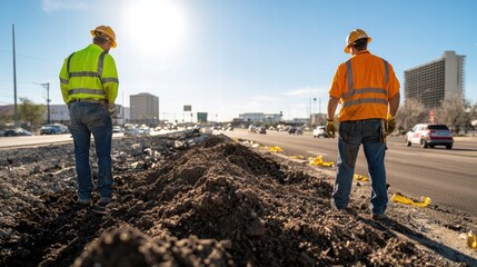 Traffic Controllers in Safety Gear Directing Roadwork with Vehicles in Background