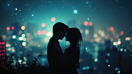 An intimate portrait of a couple embracing on a rooftop at dusk, with city lights glowing softly in the background