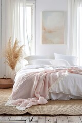 Interior of a cozy bedroom with white bed linen and a pink fringed bedspread, light walls and a large window. 3d visualization.