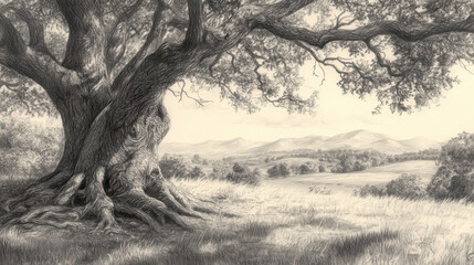 A charcoal sketch of an ancient tree, its twisted roots and sprawling branches dominating the composition, surrounded by an open field and distant mountains
